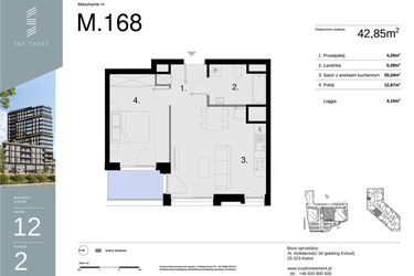 Rzut - Mieszkanie na sprzedaż 2 pokoje o powierzchni 42,85 m² - numer M168 w Sky Trust etap II