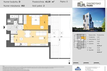 Rzut - Mieszkanie na sprzedaż 2 pokoje o powierzchni 43,39 m² - numer 2 w Dworzysko Park - Etap III