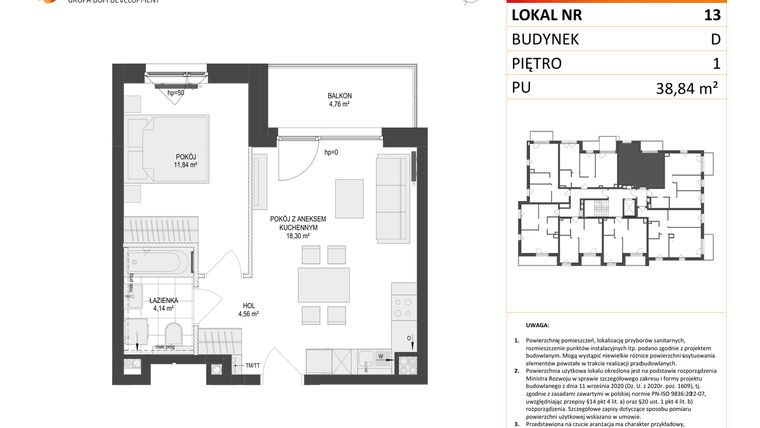 Rzut - Mieszkanie na sprzedaż 2 pokoje o powierzchni 38,84 m² - numer D.13 w Osiedle Warszawska etap II