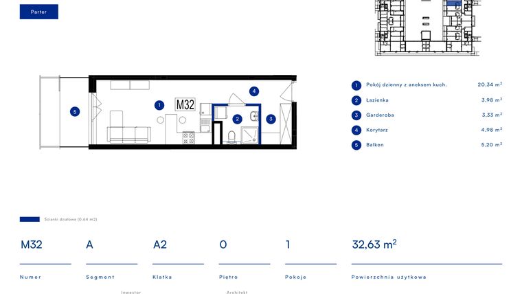 Rzut - Mieszkanie na sprzedaż 1 pokój o powierzchni 32,63 m² - numer 32A w Przy Bursztynowej