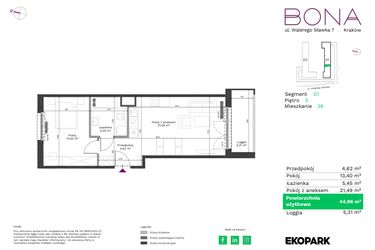 Rzut - Mieszkanie na sprzedaż 2 pokoje o powierzchni 44,96 m² - numer 38 w Bona
