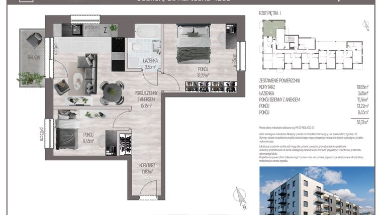 Rzut - Mieszkanie na sprzedaż 3 pokoje o powierzchni 51,31 m² - numer M.C.12 w Cichy Zakątek
