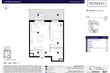 Rzut - Mieszkanie na sprzedaż 2 pokoje o powierzchni 46,7 m² - numer 15/147 w Osiedle Neonowe