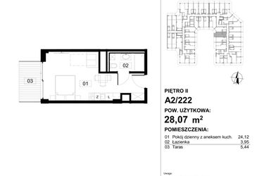 Rzut - Mieszkanie na sprzedaż 1 pokój o powierzchni 29,4 m² - numer 222 w Apollo Resort