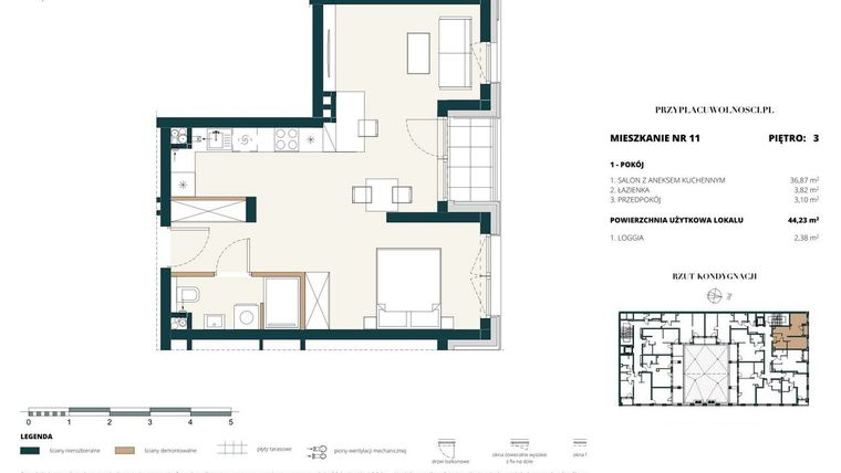 Rzut - Mieszkanie na sprzedaż 1 pokój o powierzchni 44,04 m² - numer 3. M11. w Przy Placu Wolności