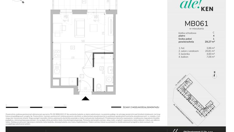 Rzut - Mieszkanie na sprzedaż 1 pokój o powierzchni 29,27 m² - numer MB061 w Ale!Ken etap 2