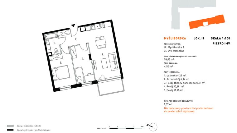 Rzut - Mieszkanie na sprzedaż 2 pokoje o powierzchni 55,92 m² - numer I7.3 w Myśliborska III etap