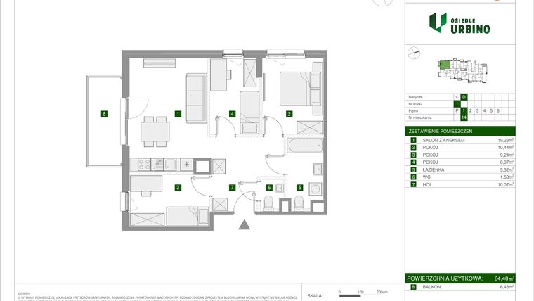 Rzut - Mieszkanie na sprzedaż 4 pokoje o powierzchni 64,4 m² - numer 2.2.D.14 w Osiedle Urbino etap II