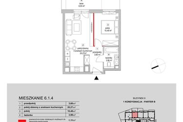 Rzut - Mieszkanie na sprzedaż 2 pokoje o powierzchni 38,72 m² - numer 6.1.4 w Osiedle Przyjemne III