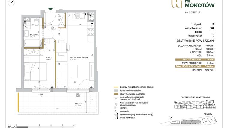 Rzut - Mieszkanie na sprzedaż 2 pokoje o powierzchni 37,02 m² - numer A1.B.102 w Hi Mokotów