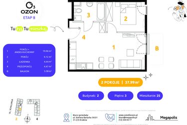 Rzut - Mieszkanie na sprzedaż 2 pokoje o powierzchni 37,99 m² - numer 2.25 w Osiedle Ozon etap VIII