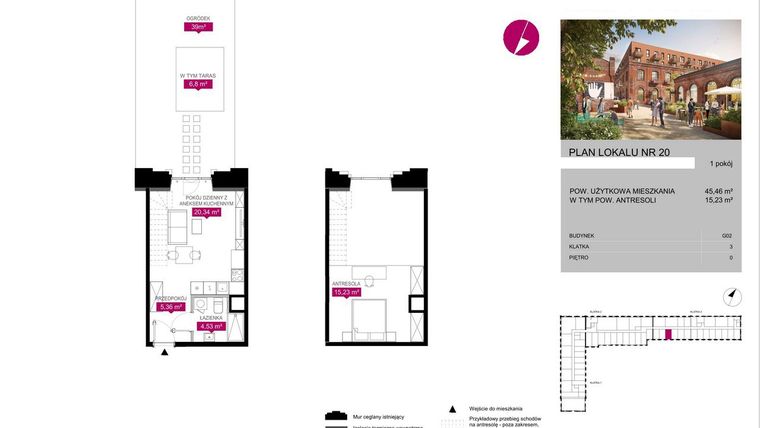 Rzut - Mieszkanie na sprzedaż 1 pokój o powierzchni 45,49 m² - numer G2.20 w Fuzja Lofty