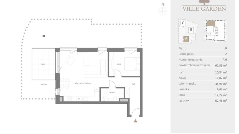 Rzut - Mieszkanie na sprzedaż 2 pokoje o powierzchni 61,56 m² - numer A.06 w Ville Garden
