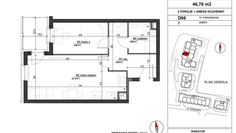 Rzut - Mieszkanie na sprzedaż 2 pokoje o powierzchni 46,76 m² - numer D.66 w Garbarska Urban Koncept