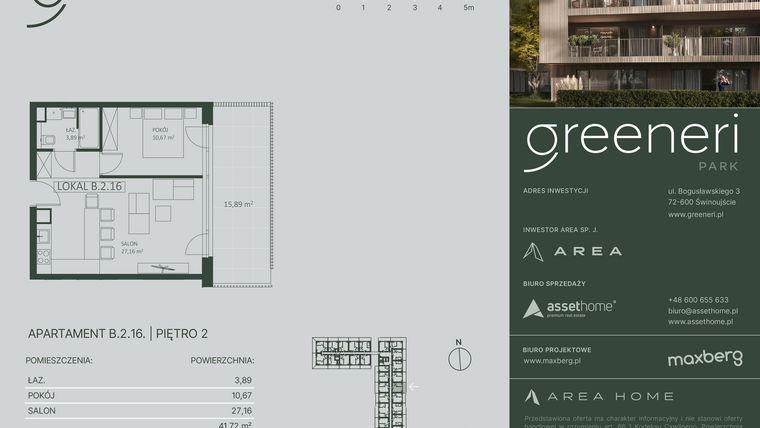 Rzut - Mieszkanie na sprzedaż 2 pokoje o powierzchni 41,72 m² - numer B.2.16 w Greeneri Park