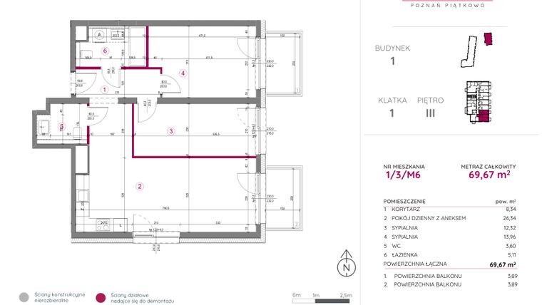 Rzut - Mieszkanie na sprzedaż 3 pokoje o powierzchni 69,67 m² - numer 1/3/M6 w Lechicka 65