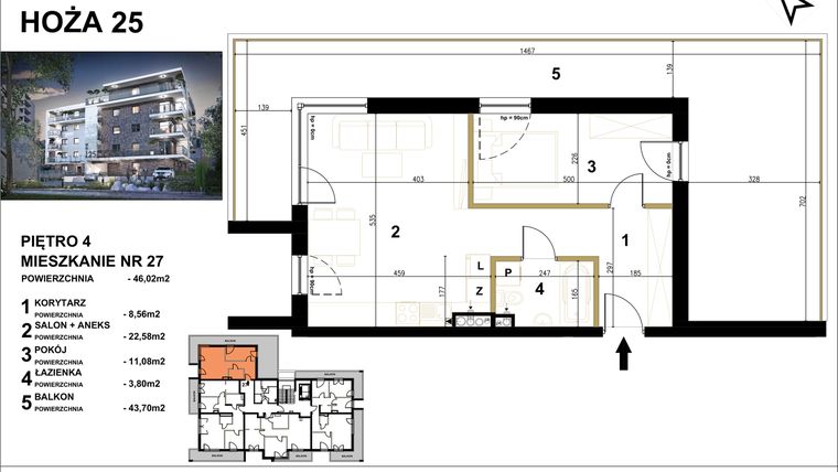 Rzut - Mieszkanie na sprzedaż 2 pokoje o powierzchni 46,02 m² - numer 27 w Hoża 25
