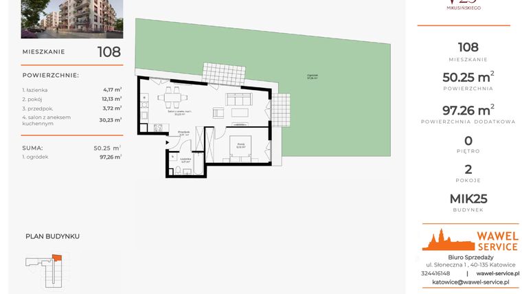 Rzut - Mieszkanie na sprzedaż 2 pokoje o powierzchni 50,25 m² - numer 108 w Mikusińskiego 25