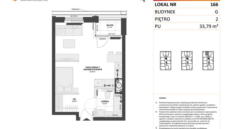 Rzut - Mieszkanie na sprzedaż 1 pokój o powierzchni 33,79 m² - numer G.166 w DOKI Living etap II