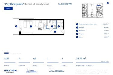 Rzut - Mieszkanie na sprzedaż 1 pokój o powierzchni 32,79 m² - numer 39A w Przy Bursztynowej