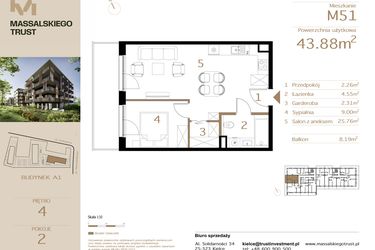 Rzut - Mieszkanie na sprzedaż 2 pokoje o powierzchni 43,88 m² - numer M51 w Massalskiego Trust
