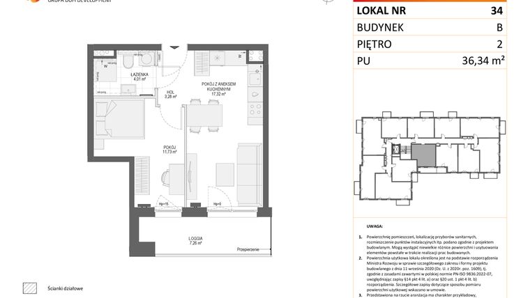 Rzut - Mieszkanie na sprzedaż 2 pokoje o powierzchni 36,34 m² - numer B34 w Osiedle Orzechowa