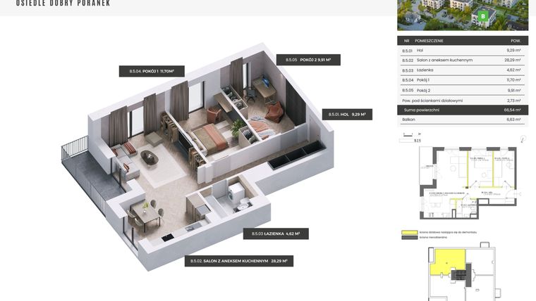 Rzut - Mieszkanie na sprzedaż 3 pokoje o powierzchni 66,54 m² - numer B.2.5 w Dobry Poranek