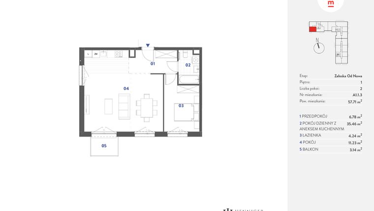 Rzut - Mieszkanie na sprzedaż 2 pokoje o powierzchni 57,71 m² - numer A1.1.3 w Mieszkaj w mieście Załęska od Nowa