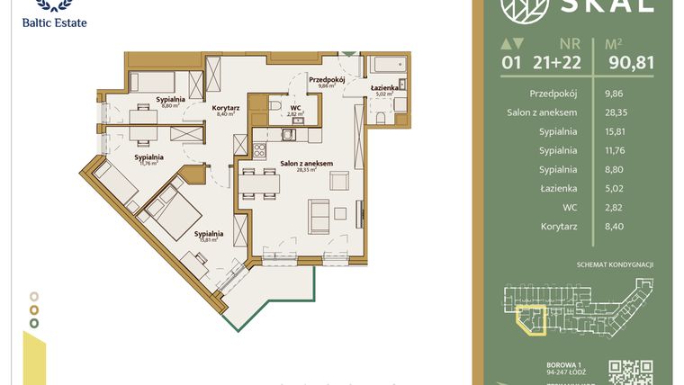 Rzut - Mieszkanie na sprzedaż 1 pokój o powierzchni 90,81 m² - numer M.21+22 w Skal