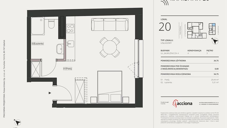 Rzut - Mieszkanie na sprzedaż 1 pokój o powierzchni 34,75 m² - numer 4.20 w Kamienna 28 - apartamenty inwestycyjne