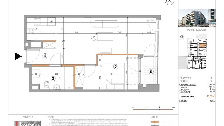 Rzut - Mieszkanie na sprzedaż 2 pokoje o powierzchni 45,53 m² - numer A2/6 w 5th Avenue Apartments