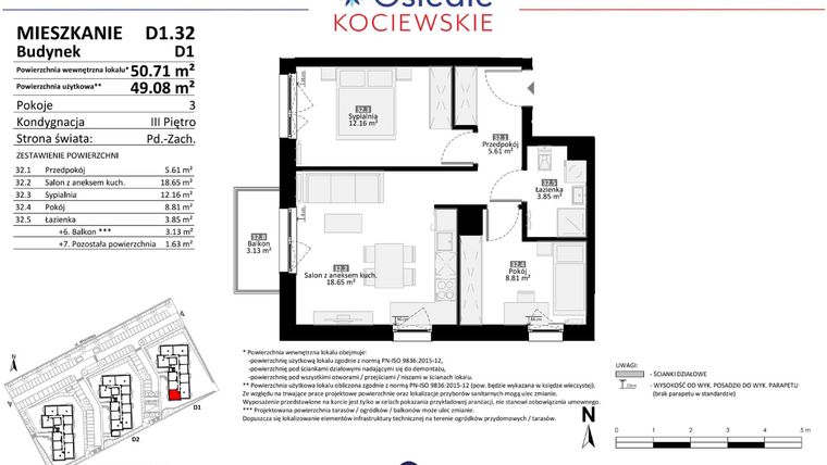 Rzut - Mieszkanie na sprzedaż 3 pokoje o powierzchni 49,08 m² - numer D1.32 w Osiedle Kociewskie etap III