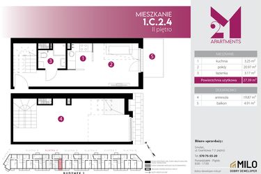 Rzut - Mieszkanie na sprzedaż 2 pokoje o powierzchni 47,26 m² - numer 1.C.2.4 w Maślice Wrocław Milo Dobry Deweloper etap IV