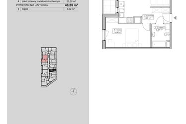 Rzut - Mieszkanie na sprzedaż 2 pokoje o powierzchni 48,55 m² - numer 2.A85 w Niebieski Bursztyn II