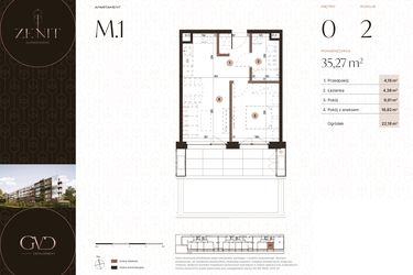 Rzut - Mieszkanie na sprzedaż 2 pokoje o powierzchni 35,27 m² - numer M1 w Zenit Głowackiego