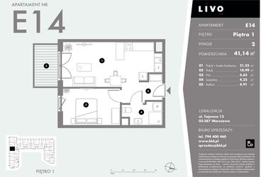 Rzut - Mieszkanie na sprzedaż 2 pokoje o powierzchni 41,14 m² - numer E14 w Livo