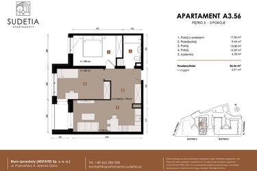 Rzut - Mieszkanie na sprzedaż 3 pokoje o powierzchni 56,66 m² - numer A 3.56 w Apartamenty Sudetia