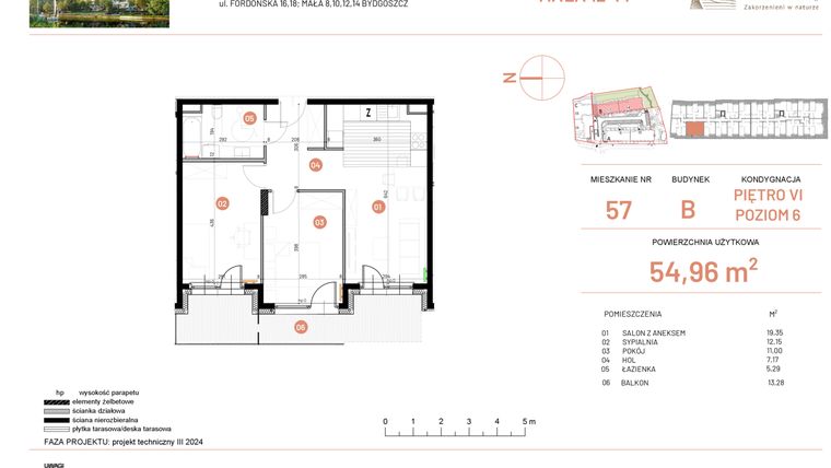 Rzut - Mieszkanie na sprzedaż 3 pokoje o powierzchni 54,96 m² - numer 12.57 w Osiedle Nowe Horyzonty etap III