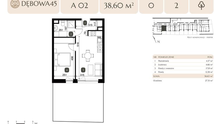 Rzut - Mieszkanie na sprzedaż 2 pokoje o powierzchni 38,6 m² - numer A.02 w Dębowa 45
