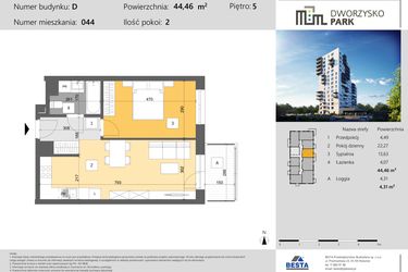 Rzut - Mieszkanie na sprzedaż 2 pokoje o powierzchni 44,46 m² - numer 44 w Dworzysko Park - Etap III