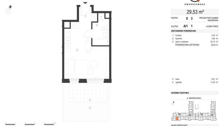 Rzut - Mieszkanie na sprzedaż 1 pokój o powierzchni 29,53 m² - numer A/1/0.3 w Smardzewska 8
