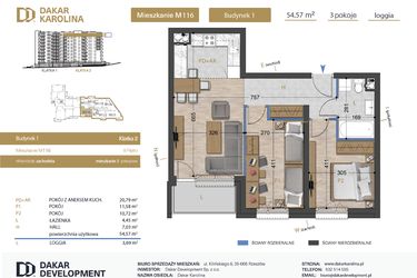 Rzut - Mieszkanie na sprzedaż 3 pokoje o powierzchni 54,57 m² - numer 116 w Osiedle Dakar Karolina