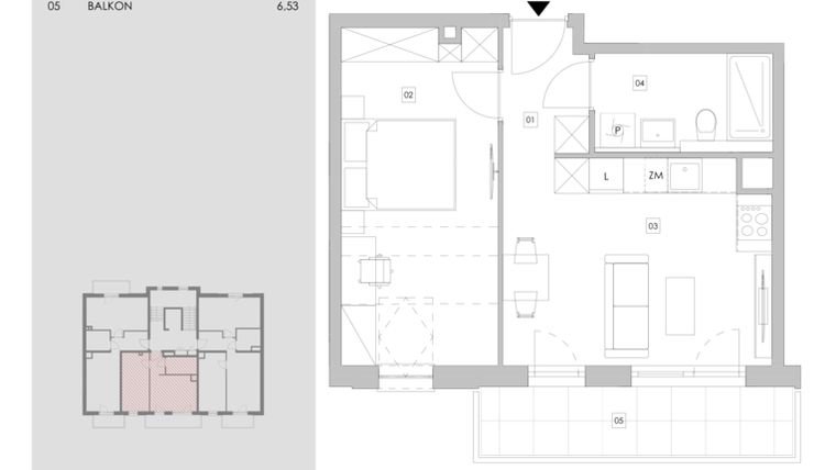 Rzut - Mieszkanie na sprzedaż 2 pokoje o powierzchni 36,44 m² - numer 96.3.11 w ATAL Bronowice