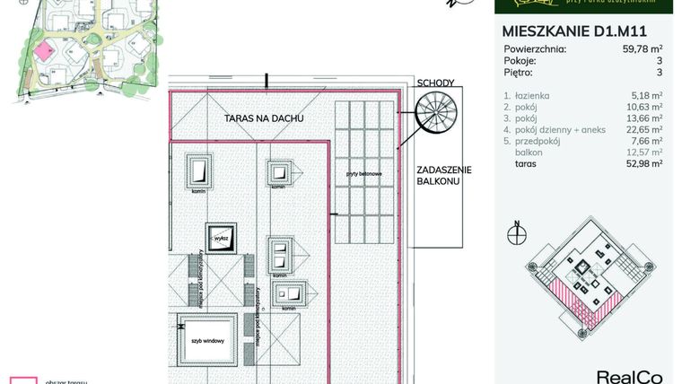 Rzut - Mieszkanie na sprzedaż 3 pokoje o powierzchni 59,78 m² - numer D1.M11 w Apartamenty przy Parku Szczytnickim
