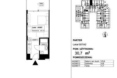 Rzut - Mieszkanie na sprzedaż 1 pokój o powierzchni 30,7 m² - numer 007 w Apollo Resort