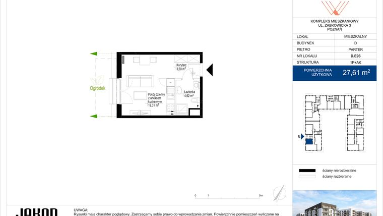 Rzut - Mieszkanie na sprzedaż 1 pokój o powierzchni 27,61 m² - numer D.E93 w Wieruszowska D
