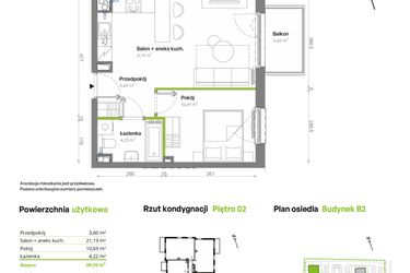 Rzut - Mieszkanie na sprzedaż 2 pokoje o powierzchni 39,7 m² - numer B2.02.27 w Południe Vita