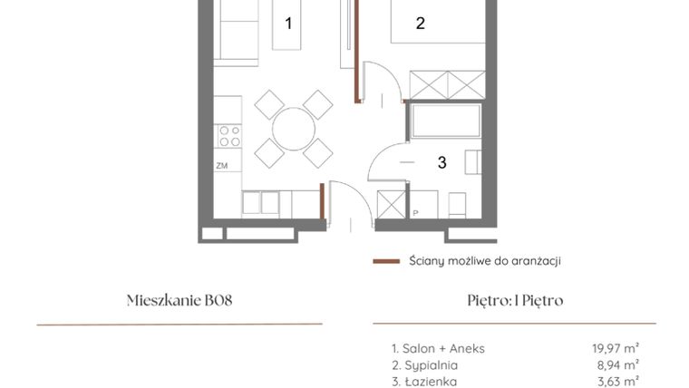 Rzut - Mieszkanie na sprzedaż 2 pokoje o powierzchni 33,1 m² - numer B08 w Dąbrowskiego 9