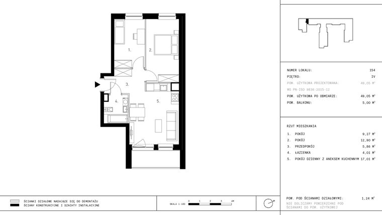 Rzut - Mieszkanie na sprzedaż 3 pokoje o powierzchni 49,05 m² - numer 4.A27 w Staszica 3