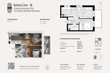 Rzut - Mieszkanie na sprzedaż 2 pokoje o powierzchni 45,77 m² - numer 38 w Banacha 12